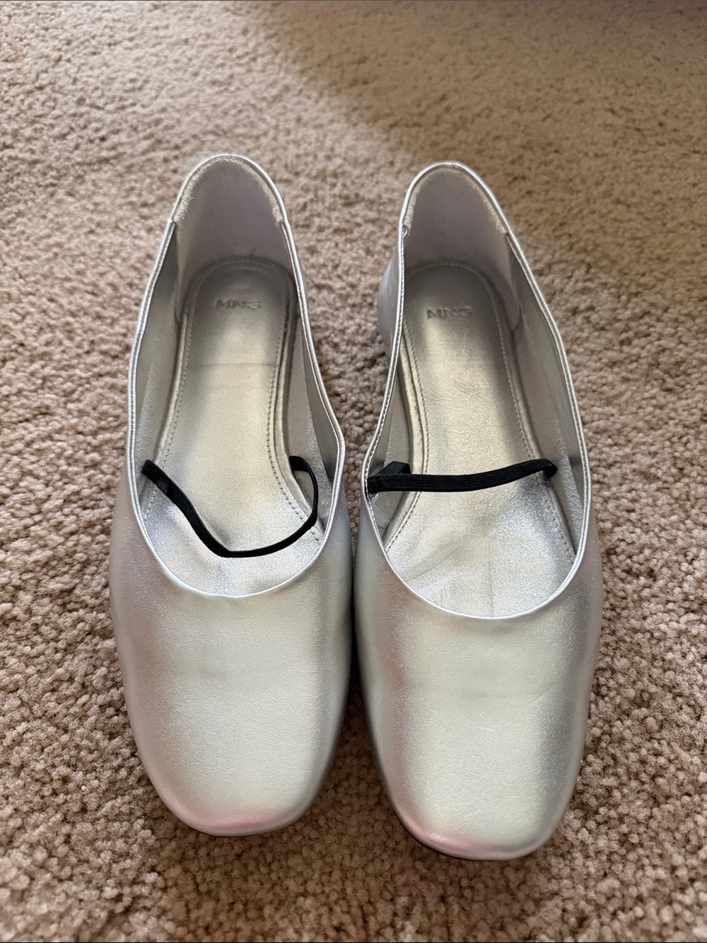 Mango Silver Ballet Flats with Black Elastic Strap
